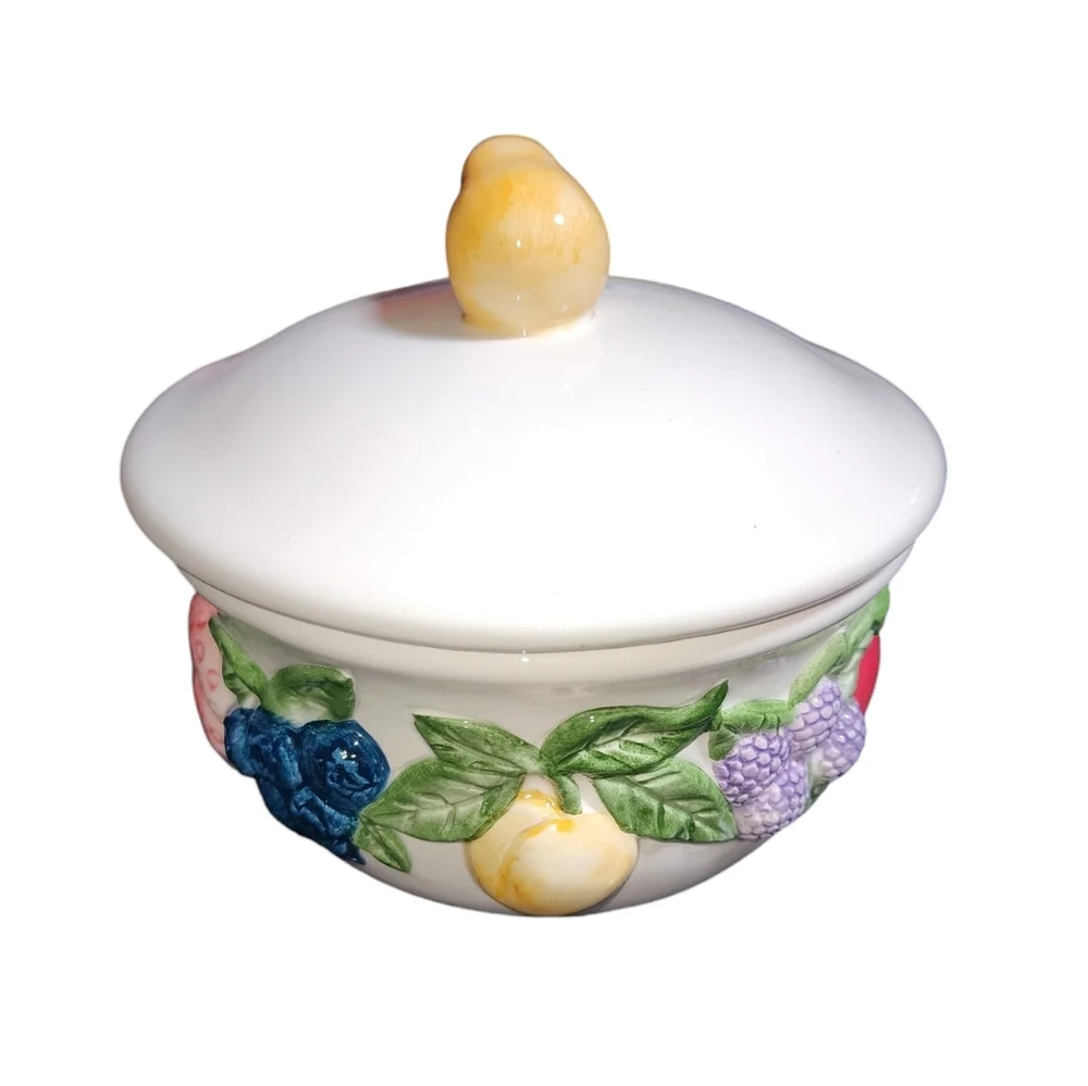 Vintage Lillian Vernon Colorful Fruit Accented White Lidded Ceramic Bowl 5